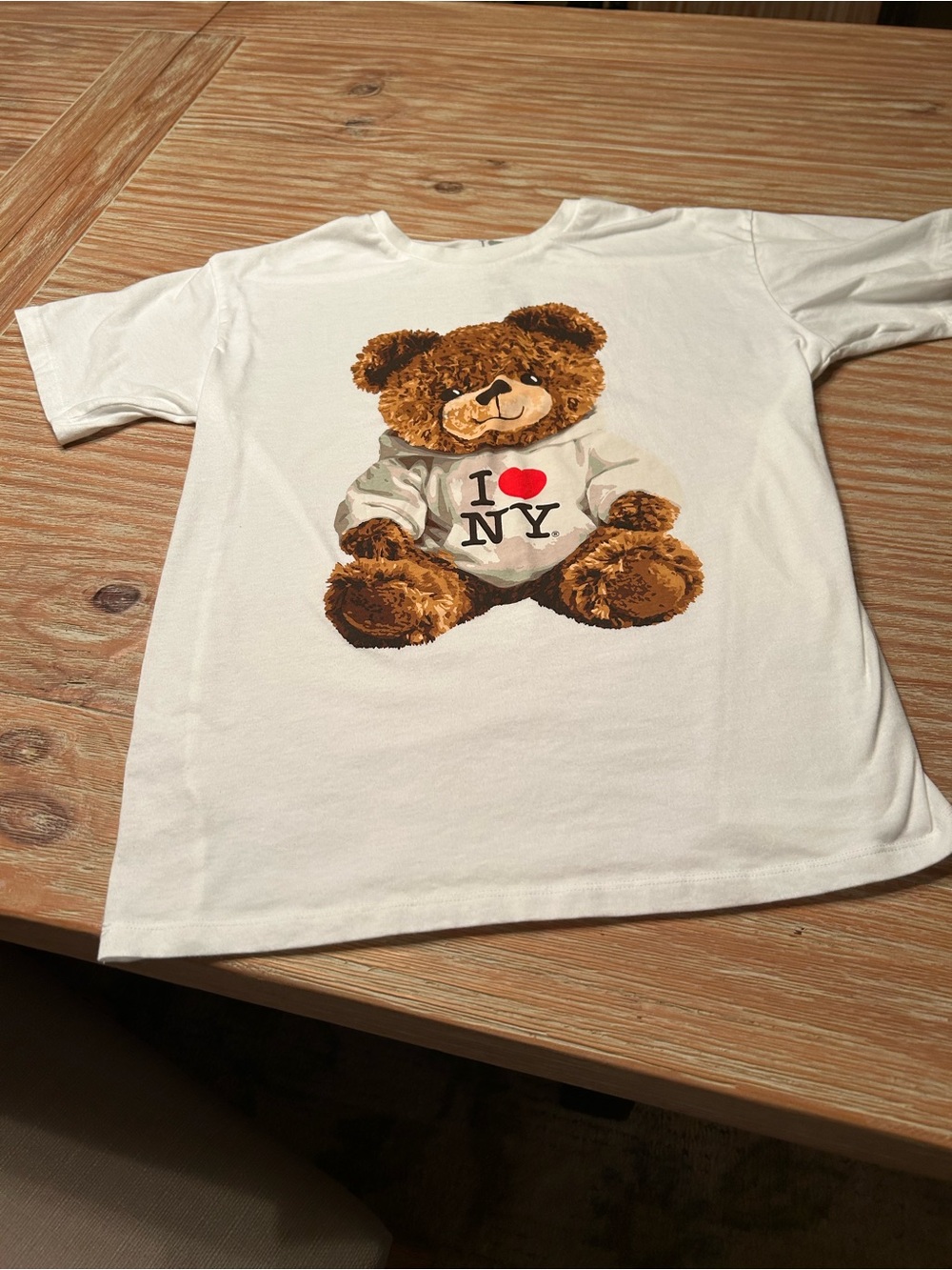 White Short Sleeve Tee with Teddy Bear I ♥ NY Graphic
